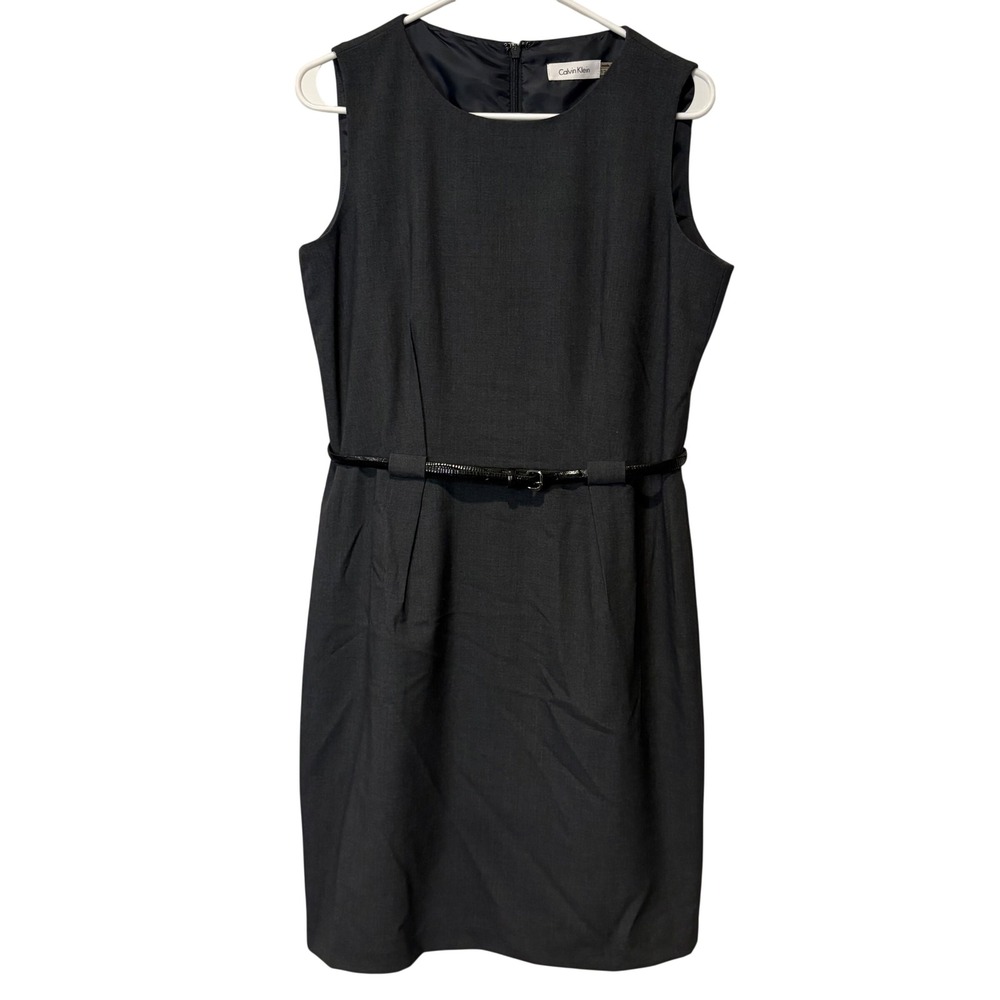 Calvin Klein Women's Sheath Dress Dark Gray Sleeveless Beltedโ Size 12 Office